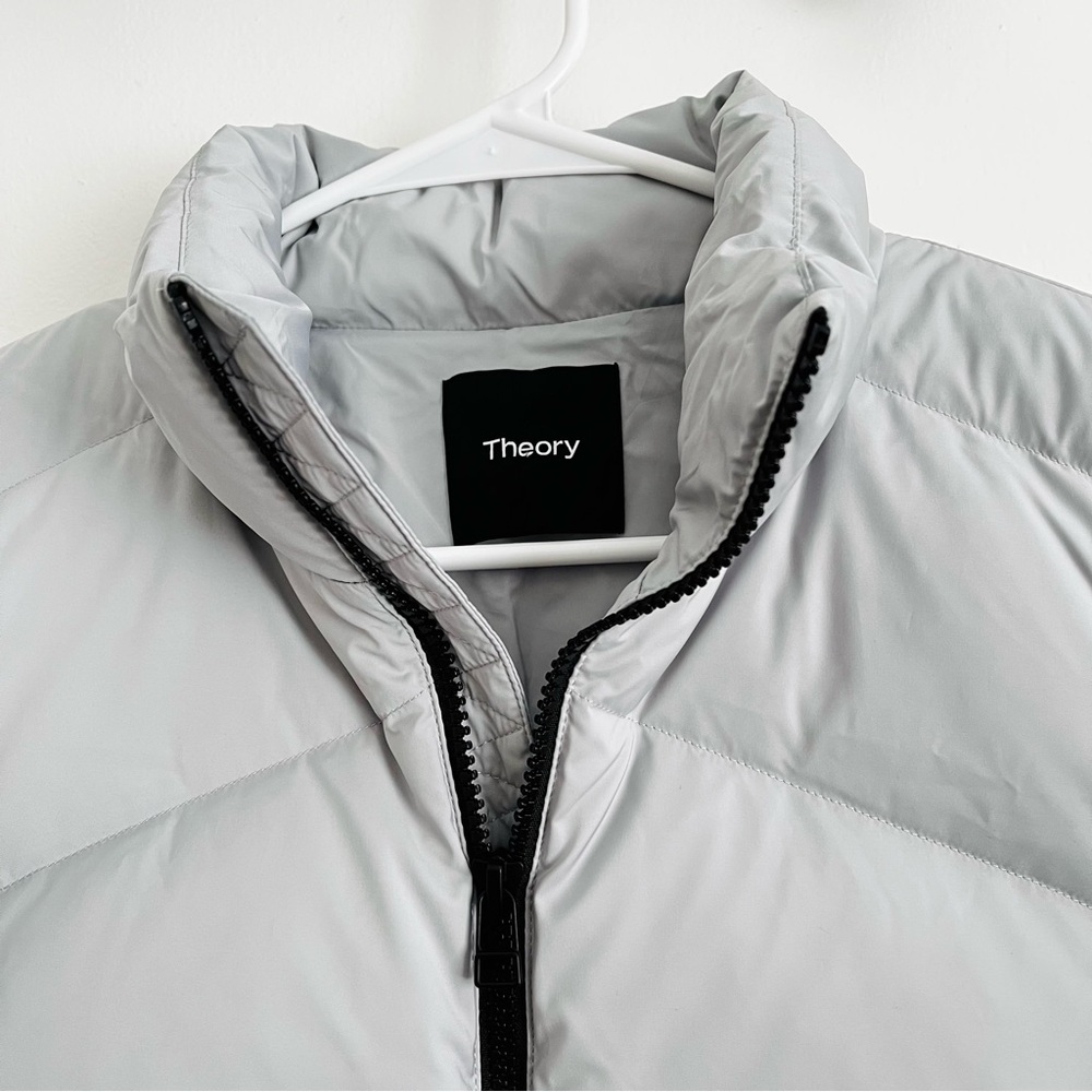 NWT Theory Stand Collar Puffer Down Jacket Silver Grey Down Size S - Picture 6 of 8
